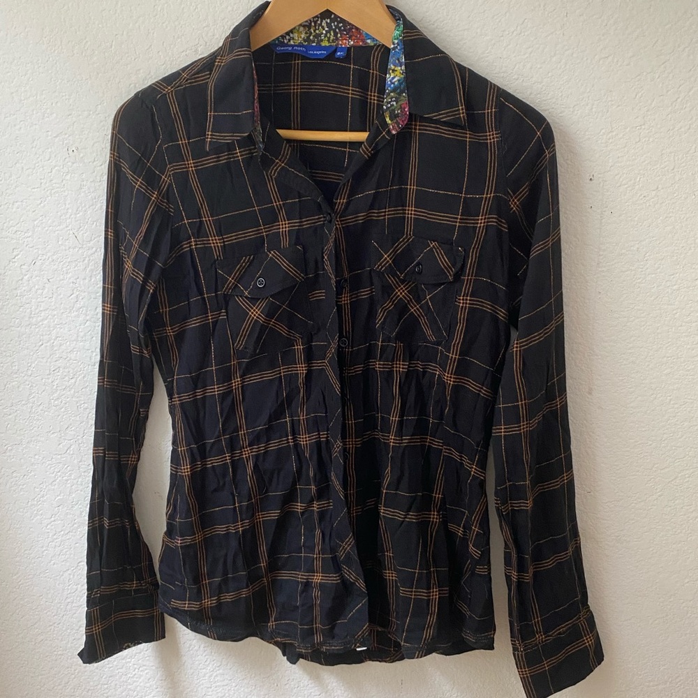 Georg Roth black button up shirt top w/ metallic brown thread plaid pattern XS